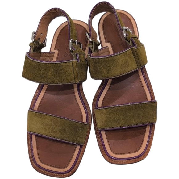 Prada Suede Slingback Buckle Sandals Stack Heels Size 39.5 Olive - Picture 1 of 8